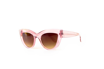 Pink cat eye gradient sunglasses with thick frame at isolated white background, side view