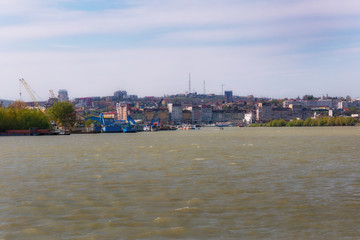 Danube River near Tulcea, Romania. Here begins the biosphere reserve Delta of the Danube. Walk with a small cruise ship.