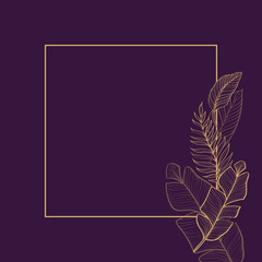 Frame with tropical Golden leaves on a dark background. Postcard. Hand-drawn illustration. Line drawing