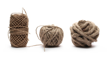 Rope, string yarn balls isolated on white background, texture