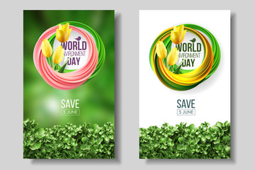 World Environment Day card, banner, logo on the green and white background with flowers yellow tulips and leaves. Abstract shapes of green yellow, living coral colors. 5 june ecology bio nature