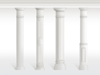 Fototapeta premium Antique columns set, balustrade isolated on white background. Ancient figured pillars connected at top with railing or horizontal beam. Roman or greece architecture. Realistic 3d vector illustration.