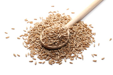 Spelt grains with wooden spoon isolated on white background