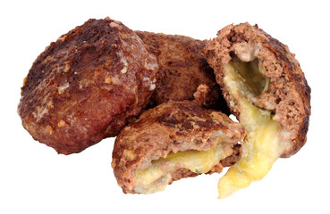 Grilled cheese filled beef burgers isolated on a white background