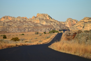 Empty Road with mountains in the background. RN7 highway in the South of Madagascar.