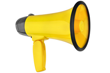 Yellow megaphone on white background isolated close up, hand loudspeaker design, loud-hailer or speaking trumpet, yellow press symbol, gutter press sign, tabloid or journalism icon, media illustration