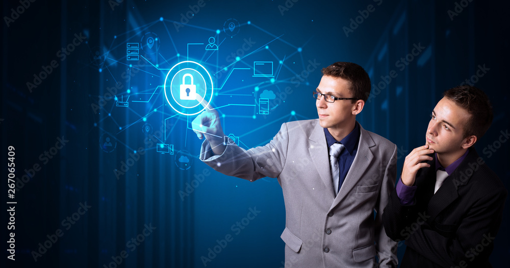 Poster Man touching hologram projection displaying cloud system 
