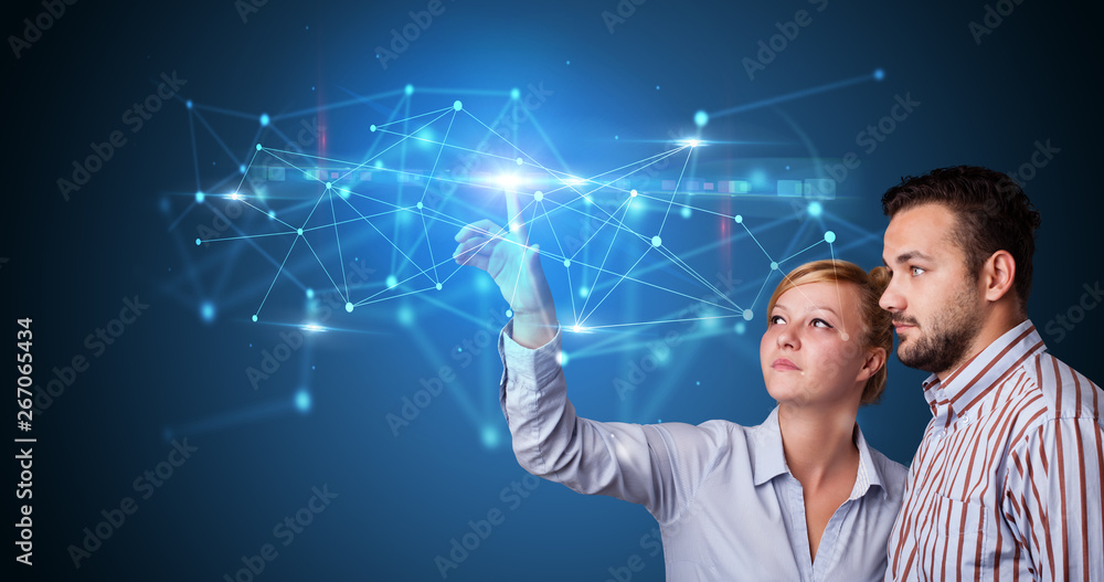 Aufkleber Man and woman touching hologram screen displaying modern web system
