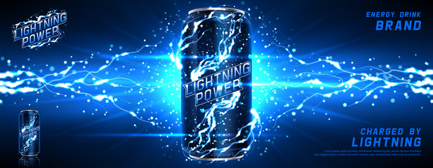 Energy drink ads background. Vector illustration with energy drink can, bright lightnings and shining thunderstorms. Realistic 3d illustration. - obrazy, fototapety, plakaty