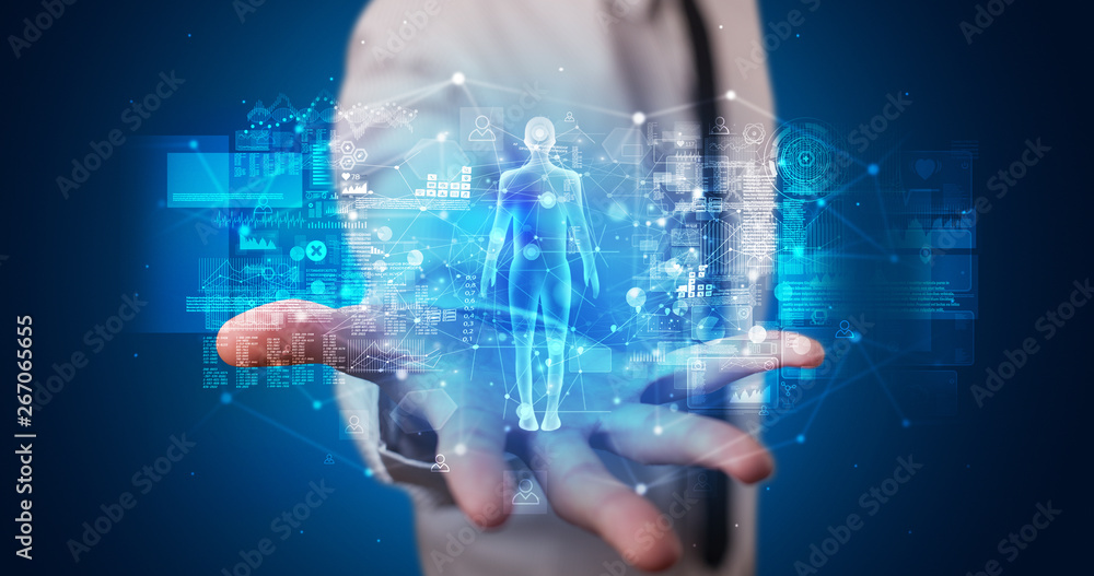 Poster young person holding hologram projection displaying health related graphs and symbols