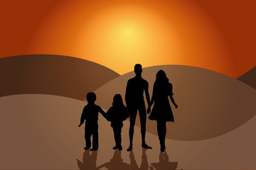 Familia paseando por un paisaje al atardecer.