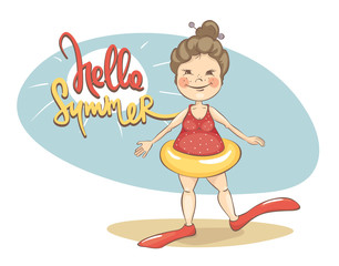 Ready for summer. Girl with excess weight in a bathing suit with a life buoy, vector illustration.	