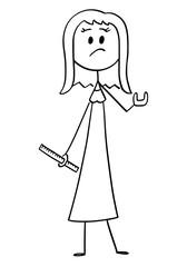 Vector cartoon stick figure drawing conceptual illustration of discontent woman with rule or ruller showing something is too small size gesture, probably penis her lover or partner. Sexual problem
