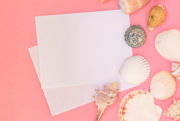 Empty white sheet of paper for text on a pink background. Background with shells and pebbles.
