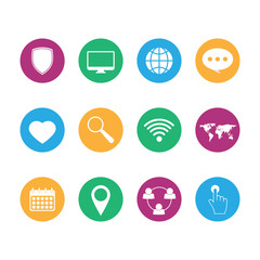 Set of Universal and Standard White Icons on Flat Circular Colored Buttons with Shadows on Black Background ( isolated elements )