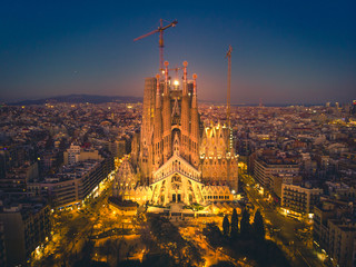 Aerial Panorama view of Barcelona city skyline and Sagrada familia at dusk time,Spain 2019