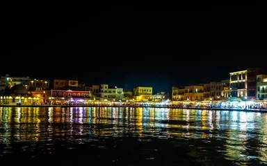 Foto op Plexiglas Beautiful and colorful port of Chania city - Crete, Greece - night shot © Dimitrius
