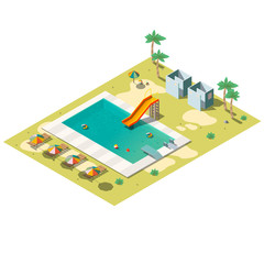 Tropical resort hotel swimming pool isometric vector with slide, lounge chairs under umbrella, dressing cabin, children playground illustration. Summer entertainment, recreation infrastructure element