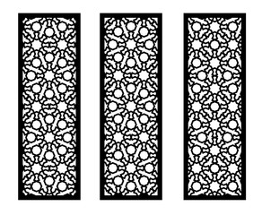 Laser pattern. Set of decorative vector panels for laser cutting. Template for interior partition in arabesque style. Ratio 1:3