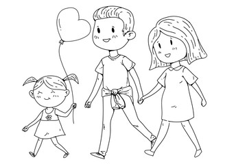 Cartoon family with pregnant woman and little children.