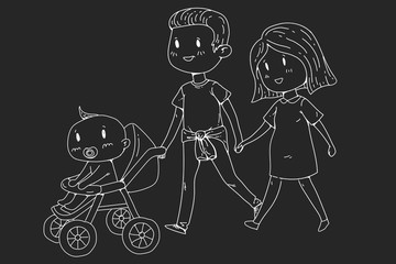 Cartoon family with pregnant woman and little children.