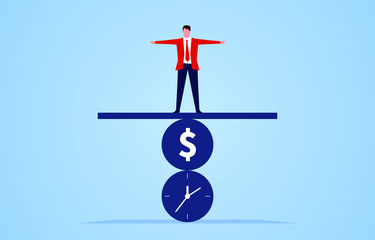 Businessman standing on the time and money to maintain a balance