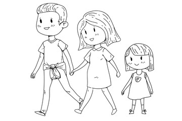 Cartoon family with pregnant woman and little children.