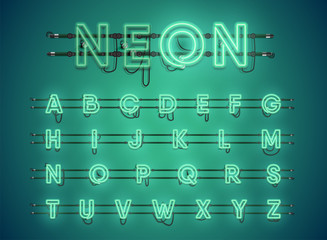 Realistic glowing green neon charcter set