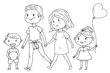 Cartoon family with pregnant woman and little children.