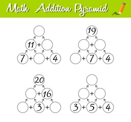Math Pyramid Game. Educational a mathematical game. Beginner level 2. Mathematical puzzle