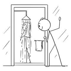 Vector cartoon stick figure drawing conceptual illustration of curious man or voyeur watching naked woman taking shower in bathroom.