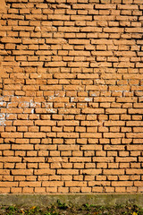 Old yellow brick wall part painted in brown