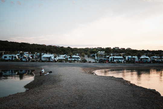 Caravans and camping on the sea. Family vacation outdoors, travel concept