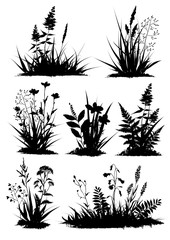 Set of  black silhouettes grass and flowers with pieces of black soil Grass bushes of different shapes. Vector illustration.
