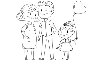 Mother and father with little children. Happy family. Pregnant woman.