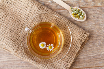 Glass cup of green tea with white chamomile flowers.