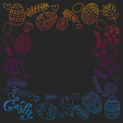 Happy Easter. Vector pattern with eggs, bunny, flowers.