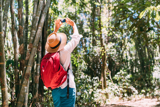 Woman with backpack on trek through jungle forest stopping taking picture with smartphone