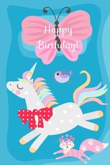 Happy birthday greeting card with cute cartoon unicorn, little fox and flying bird on sunny blue background.