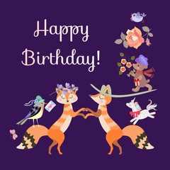 Obraz na płótnie Canvas Happy birthday greeting card with cute cartoon foxes, bird, little bear and jumping unicorn on dark lilac background.