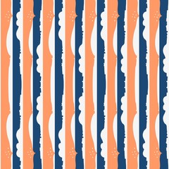 Modèle sans couture vertical créatif avec des rayures oranges et bleues et de petites étoiles sur fond blanc.