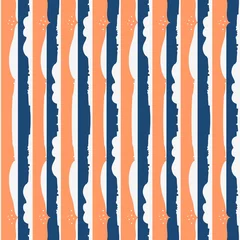 Cercles muraux Rayures verticales Modèle sans couture vertical créatif avec des rayures oranges et bleues et de petites étoiles sur fond blanc.