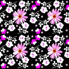 Seamless motley floral pattern with rose, daisy and bell flowers on black background.