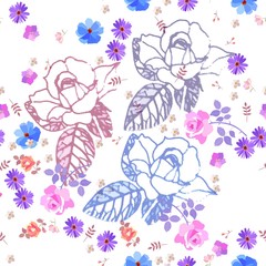 Fototapeta na wymiar Seamless gentle ditsy floral pattern with roses, bell and cosmos flowers on white background. Print for fabric.