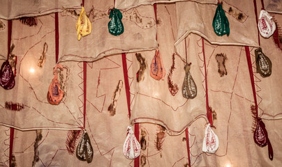 Mayapur Chandrodaya Temple ISKCON 1 May 2018 - Japamala or mala a string of prayer beads with lucky words hanged by Pilgrims for wish and pray. Spiritual practice of Hindus, Buddhists, Jains and Sikhs
