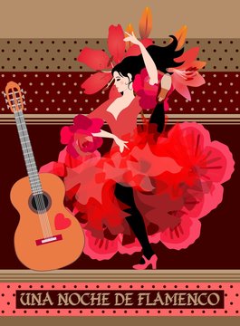 Chocolate packaging design. Young spanish dancer and guitar on decorative polka dot background. Flamenco night.