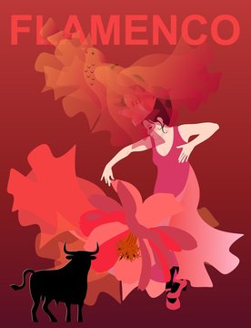 Woman in a red dress dancing flamenco on a red background. The translucent manton, thrown upwards, looks like a flying bird. Black bull silhouette as unofficial symbol of Spain.