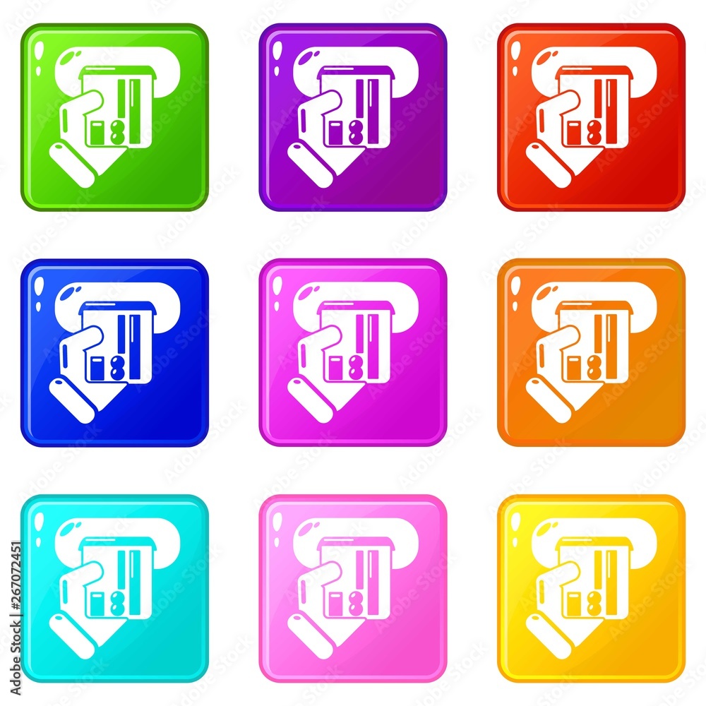 Poster inserting credit card icons set 9 color collection isolated on white for any design
