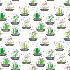 Cactussen in glazen terraria met geometrische patroonachtergrond. Vectorillustraties voor cadeaupapierontwerp.