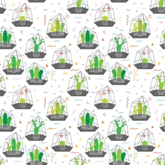 Wall murals Terrarium plants Cactuses In Glass Terrariums with Geometric Pattern Background. Vector Illustrations For Gift Wrap Design.